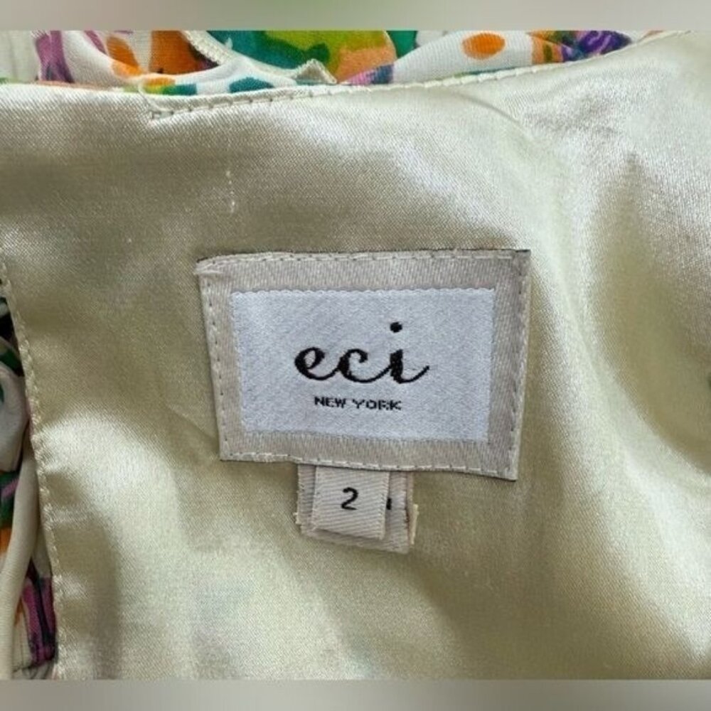 ECI NY Floral Mini Dress Ruffled Neckline Silk Blend Sleeveless Colorful Size 2 - Picture 9 of 11
